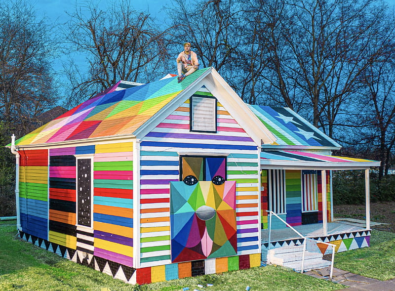 Rainbow Embassy, triangles, clever, creative, dog, artistic, stripes, roof, squiggles, rainbow designed, porch, sitting, steps, HD wallpaper