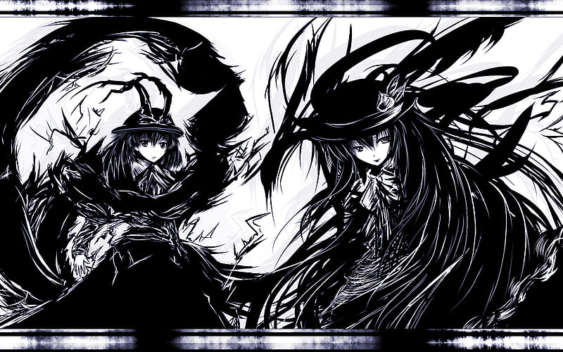 hinanawi tenshin & agae iku, dress, touhou, nagae iku, hinanawi tenshi, ribbons, monochrome, long hair, hat, HD wallpaper