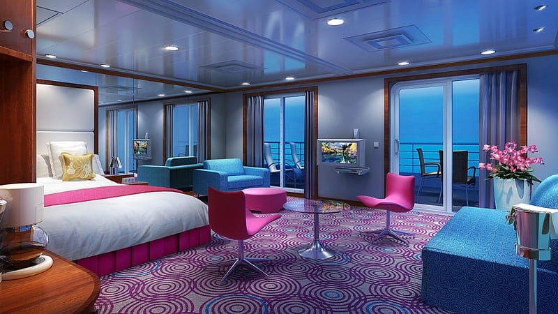 Luxury Suite, hotel, honeymoon, bungalow, bedroom, bed, sea, suite, lagoon, beach, pink, blue, HD wallpaper
