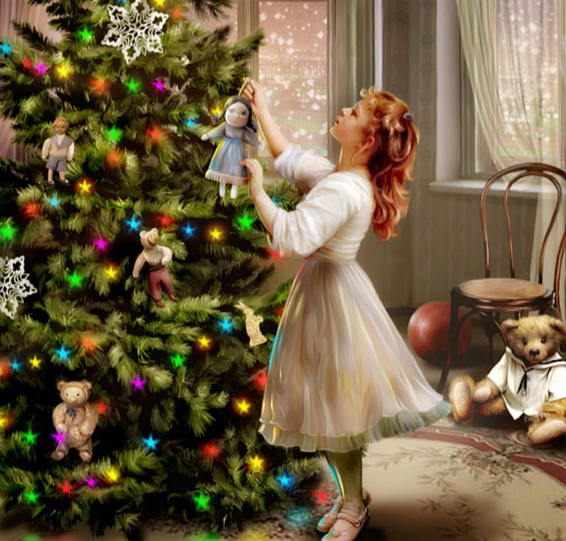 Decorating the tree, tree, balls, girl, christmas, decorating, teddy bear, HD wallpaper