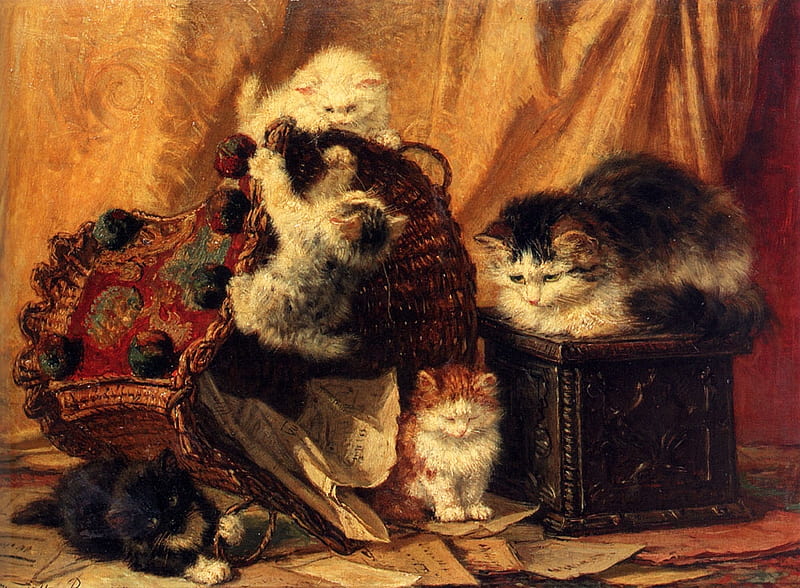 Henriette Ronner * The Turned Over Waste-paper Basket, art, henriette ronner, basket, painting, cat, kitten, HD wallpaper