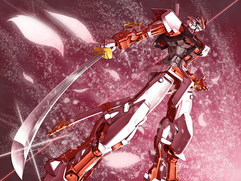 Astray Gundam Red Frame, red, sakura, frame, background, gundam, astray gundam, mecha, anime, katana, flower, sword, HD wallpaper