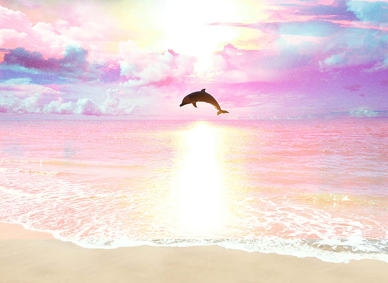 Dolphin on sea, babycolors, blue, ocean, pink, purple, reflection, sun, wave, HD wallpaper