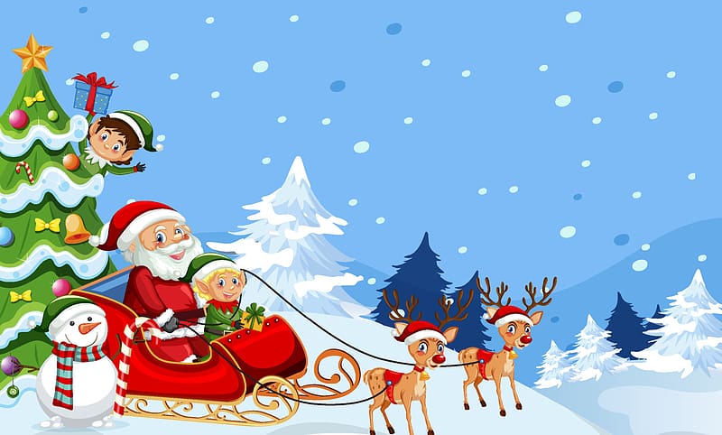 Christmas santa claus on sleigh with friends on snowy blue background ...