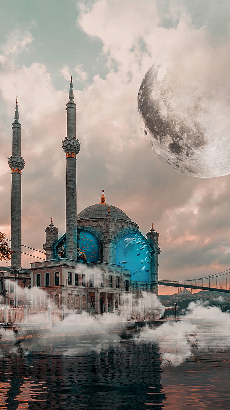 İstanbul, camii, clouds, istanbul, moon, mosque, ortaköy, ozartedit, submarine, HD phone wallpaper