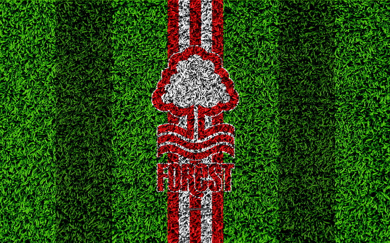 Nottingham Forest FC football lawn, logo, emblem, English football club, red white lines, Football League Championship, grass texture, Nottingham, UK, England, football, HD wallpaper
