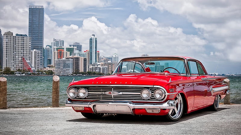 Classic Red Coupe Car Under White Cloudy Sky Red, HD wallpaper