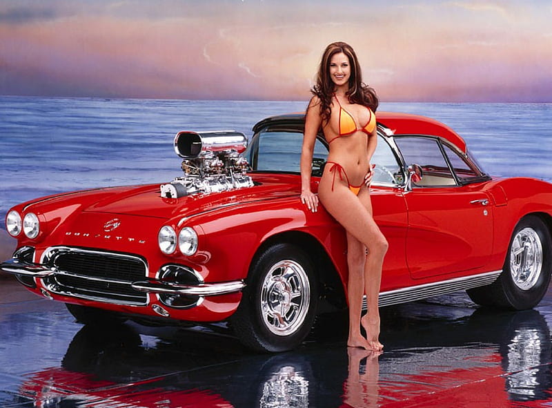 model and car, red, female, model, custom car, woman, sexy, bikini, people, car, HD wallpaper