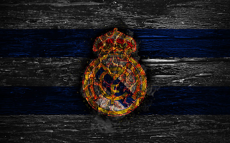 Real Madrid FC, fire logo, LaLiga, white and blue lines, spanish football club, grunge, football, soccer, logo, Real Madrid CF, wooden texture, Spain, HD wallpaper