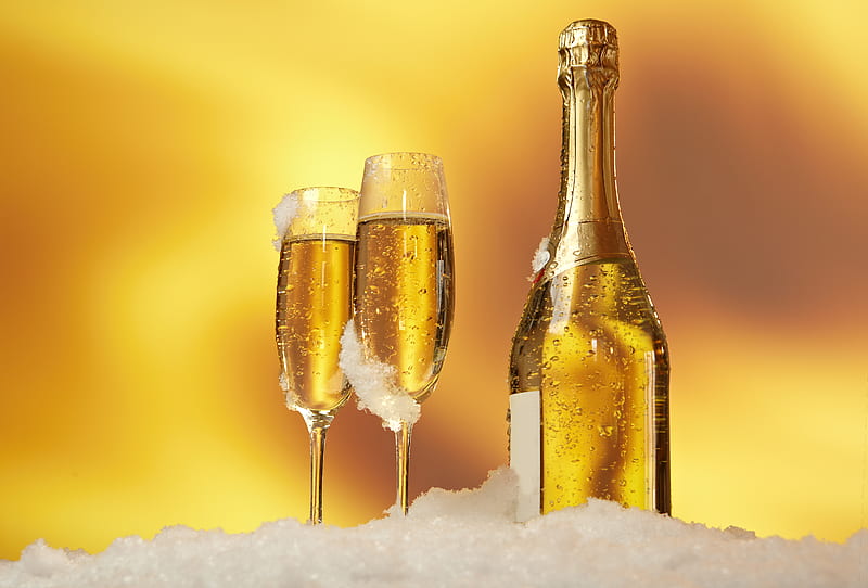 Champagne, pretty, lovely, holiday, bottle, glasses, yellow, bonito, happy new year, graphy, gold, nice, cool, snow, beauty, drink, HD wallpaper