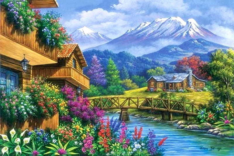 Mountain Overlooking, stream, bridges, love four seasons, spring, attractions in dreams, countryside, paintings, mountains, summer, flowers, chalets, nature, cabins, HD wallpaper