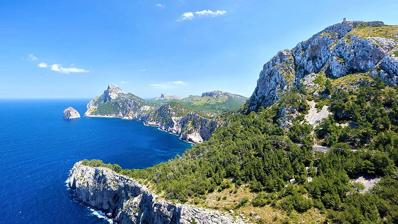 Cape Formentor, Mallorca, Spain, mountain, forest, coat, cliff, sunshine, sea, HD wallpaper