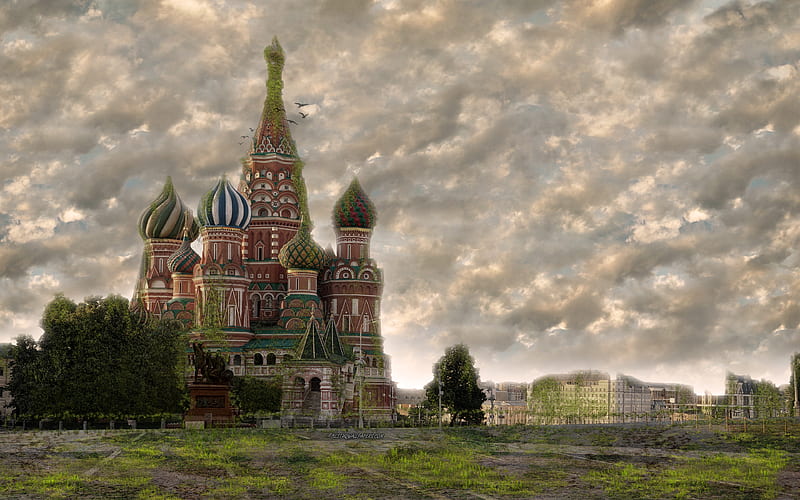 Saint Basils Cathedral, world after people, apocalypse art work, fantasy, Red Square, Moscow, Russia, HD wallpaper