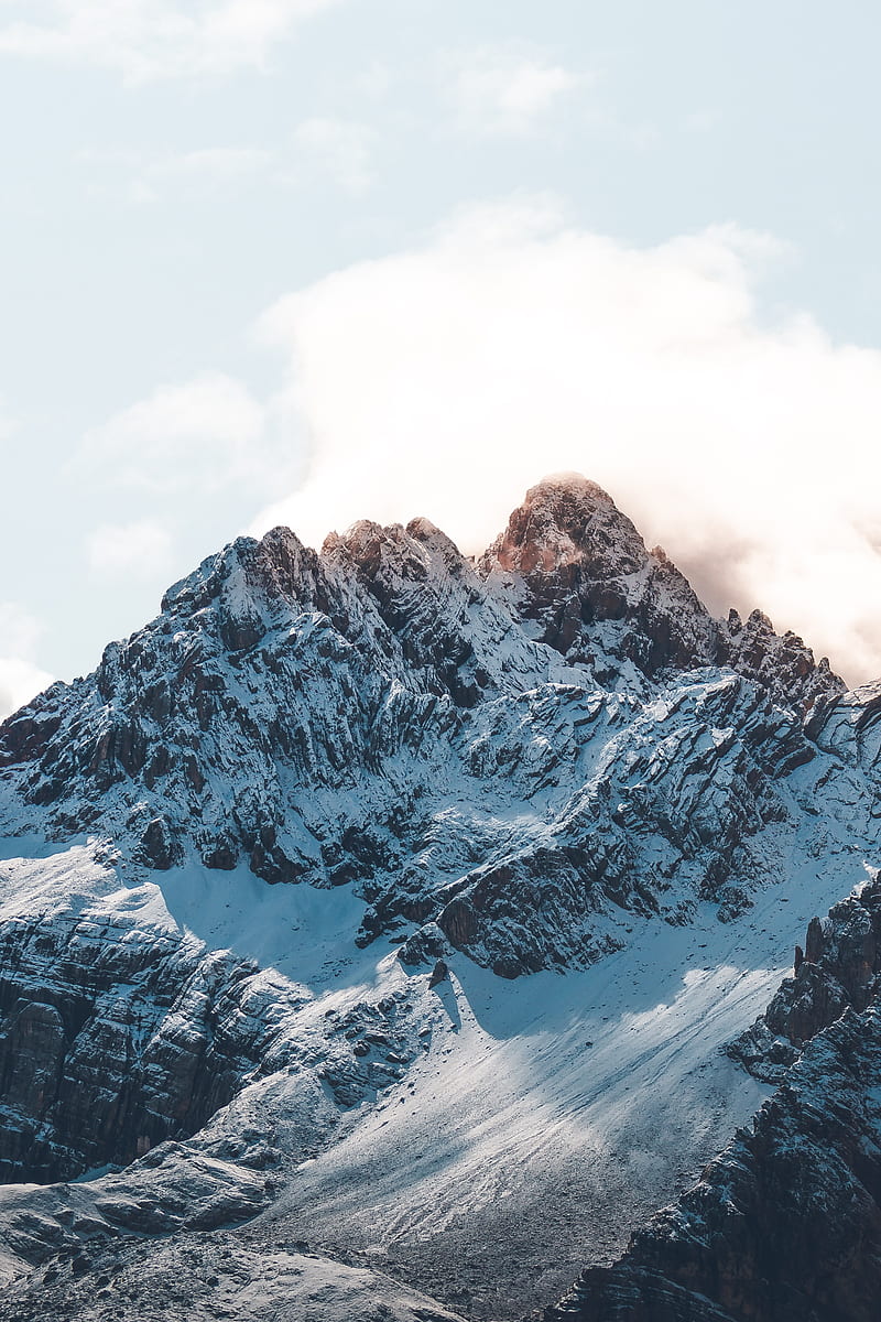 mountain, peak, snowy, clouds, landscape, HD phone wallpaper