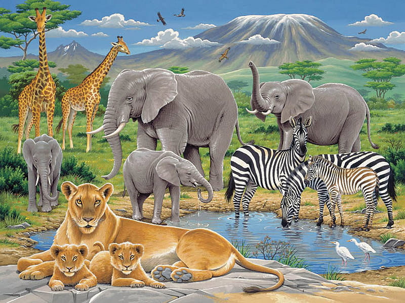 THE WATERING HOLE, elephants, water, hole, zebras, lions, HD wallpaper