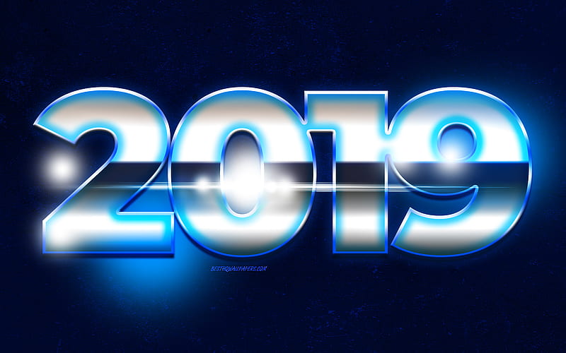 2019 year, 3D digits, blue background, 2019 concepts, blue rays, Happy New Year 2019, creative, HD wallpaper