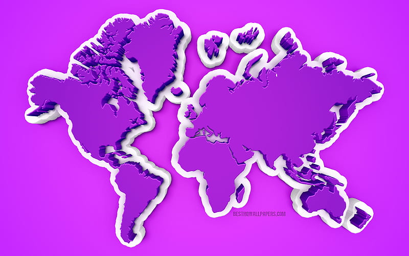 Purple 3D World Map, purple background, 3d art, creative art, world map concepts, HD wallpaper