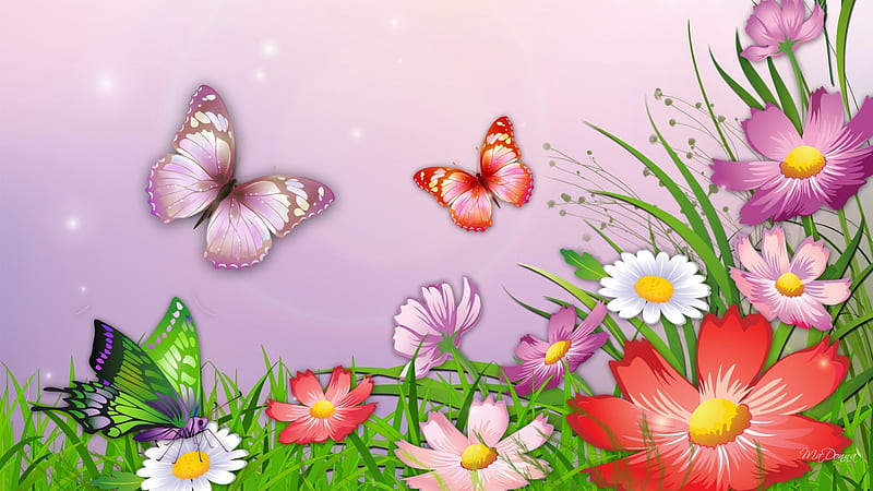 Wild Flowers and Butterflies, flowers, grass, cosmo, butterflies, spring, daisies, wild, summer, chamomile, flowers, daisy, HD wallpaper