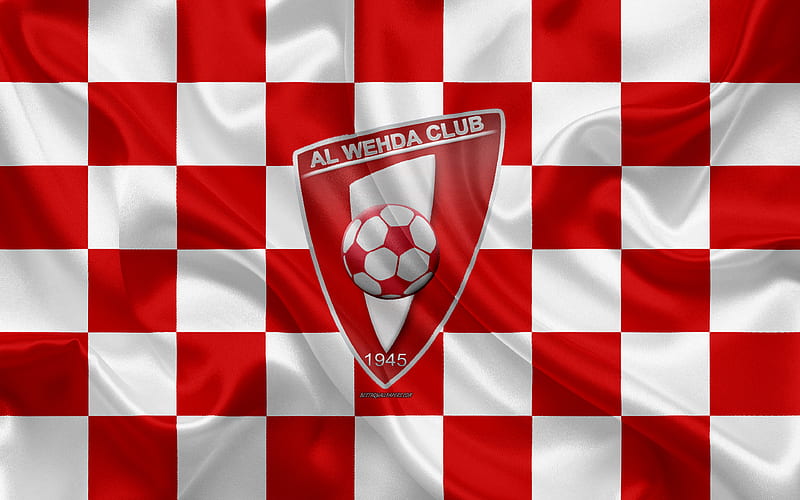 Al-Wea Club logo, creative art, red and white checkered flag, Saudi football club, Saudi Professional League, silk texture, Mecca, Saudi Arabia, football, HD wallpaper