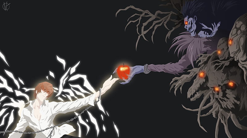 kira light yagami with handlock and ryuk with apple in hand death note anime, HD wallpaper