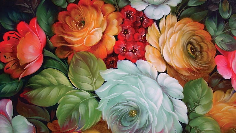Roses, red, rosu, trandafiri, verde, art, orange, rose, alb, portocaliu, green, painting, flower, flori, white, pictura, HD wallpaper