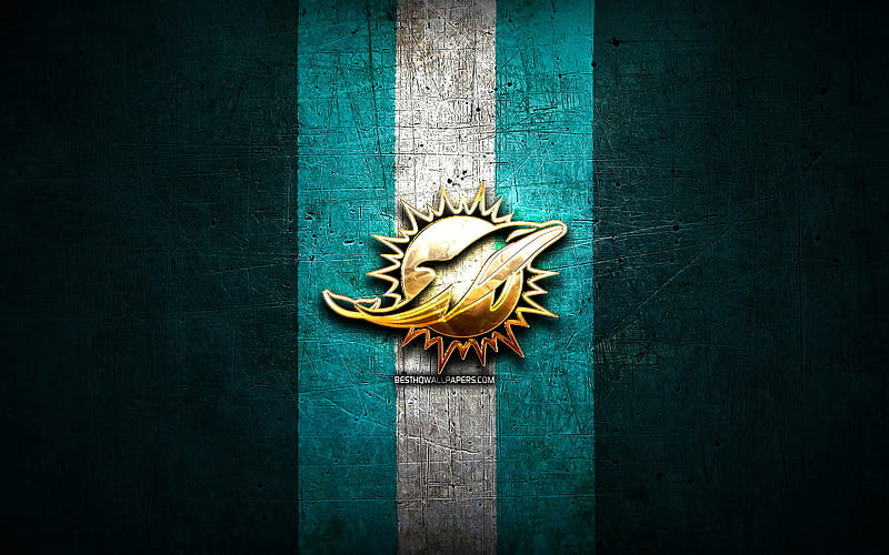 Miami Dolphins, golden logo, NFL, blue metal background, american football club, Miami Dolphins logo, american football, USA, HD wallpaper