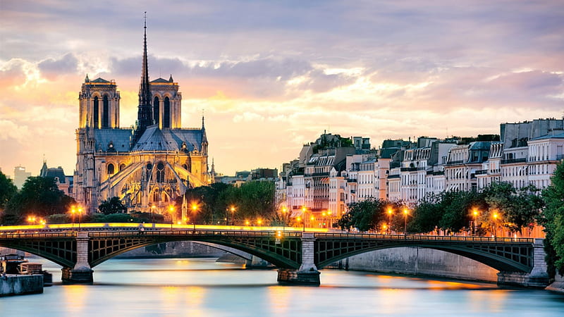 notre dame cathedral above the seine river in paris, cathedral, city, bridge, dusk, river, lights, HD wallpaper