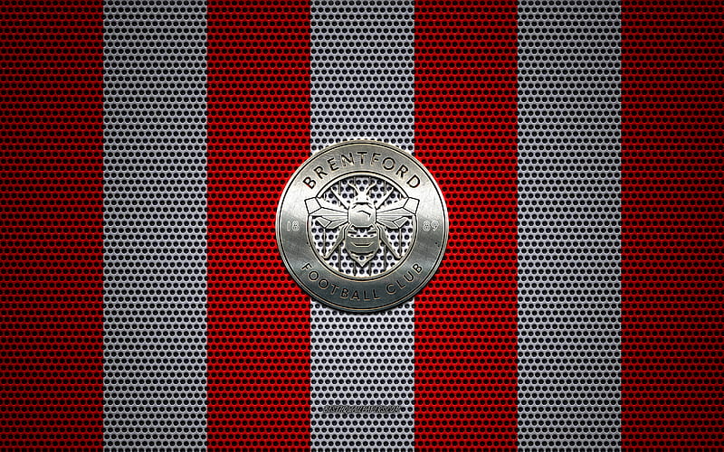Brentford FC logo, English football club, metal emblem, red and white metal mesh background, Brentford FC, EFL Championship, Brentford, Greater London, England, football, HD wallpaper