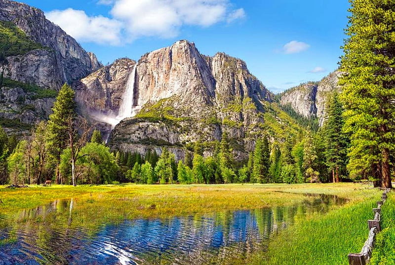 Yosemite national park, rocks, grass, bonito, clouds, cliffs, national park, waterfall, reflection, Yosemite, hills, rest, lovely, greenery, sky, trees, lake, landscape, HD wallpaper