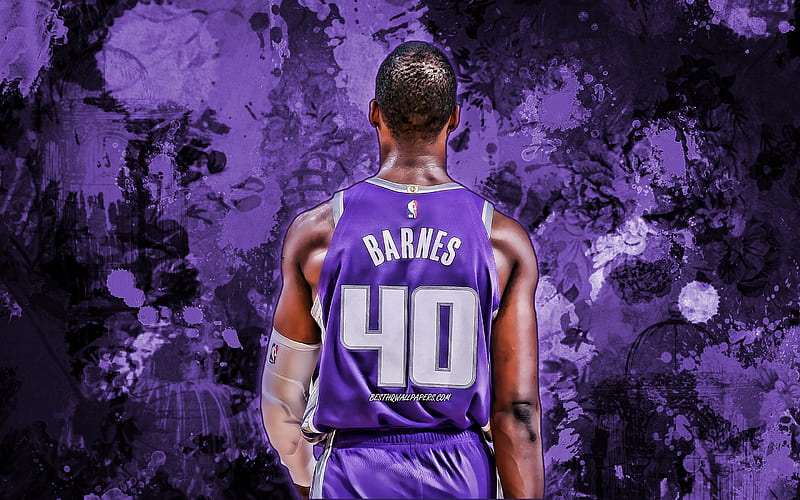 Harrison Barnes, violet paint splashes, NBA, Sacramento Kings, basketball stars, grunge art, Harrison Bryce Jordan Barnes, basketball, back view, USA, HD wallpaper