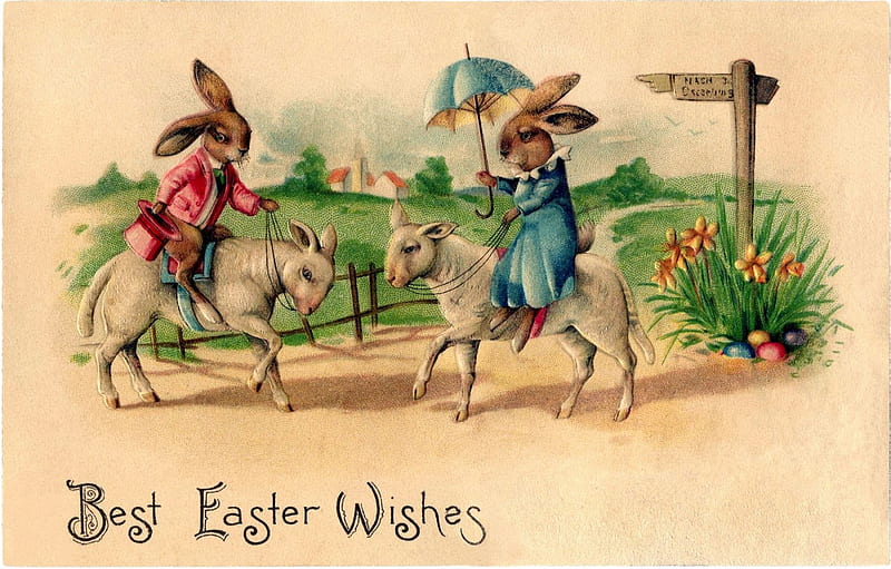 Best Easter Wishes, sheep, flowers, rabbits, postcard, artwork, vintage, HD wallpaper