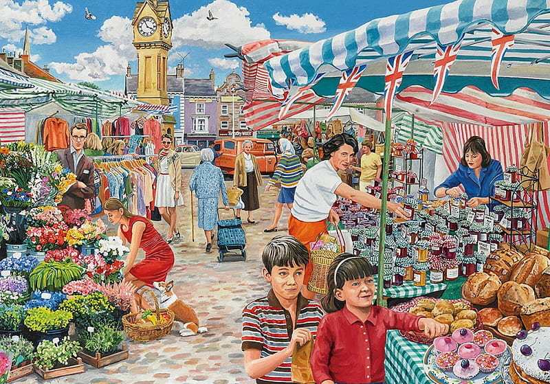 Market Day, clock tower, bread, flowers, cakes, jams, market, HD wallpaper