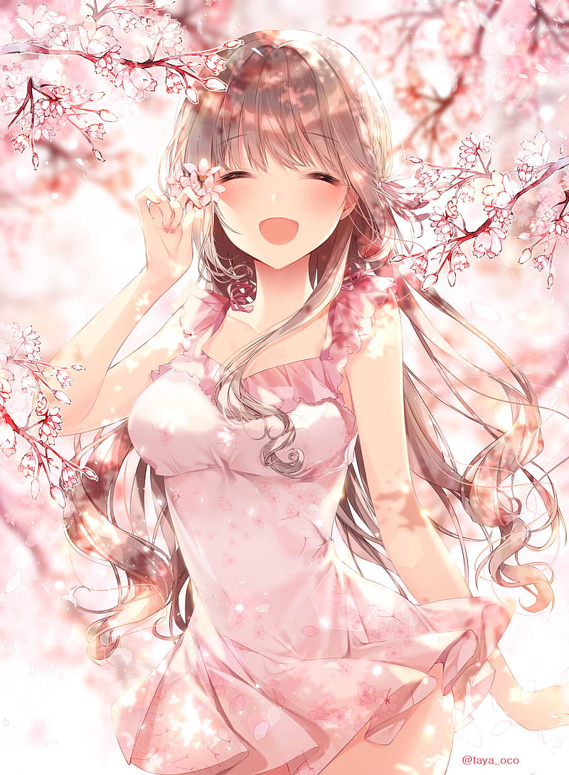 anime girls, cherry blossom, smiling, Taya Oco, dress, brunette, HD phone wallpaper