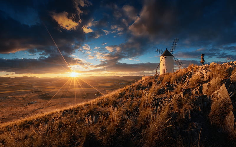 sunrise, windmill, field, clouds, scenic, spain, Landscape, HD wallpaper