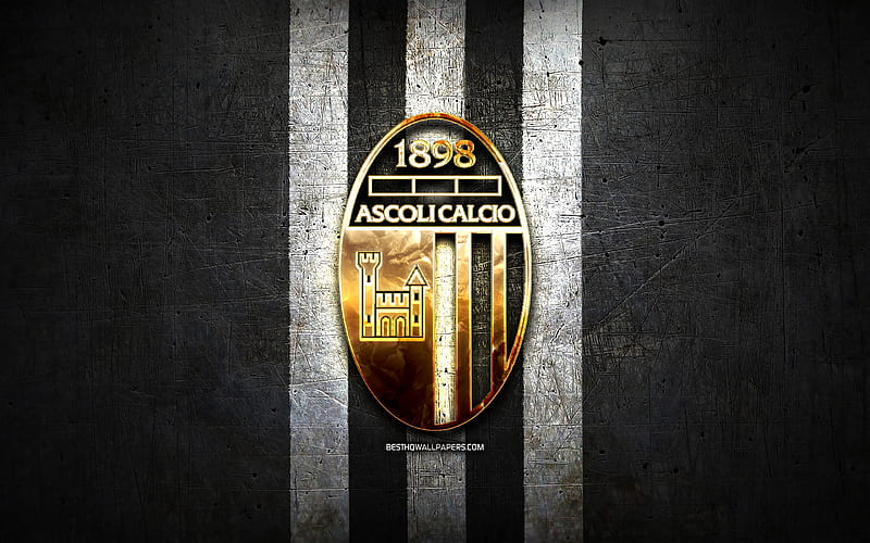 Ascoli FC, golden logo, Serie B, black metal background, football, Ascoli Calcio 1898, italian football club, Ascoli logo, soccer, Italy, HD wallpaper