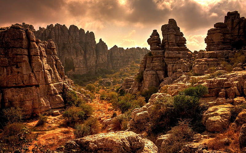 Torcal De Antequera, Spain, erosion, cliffs, mountains, sierra, karst landscape, clouds, HD wallpaper