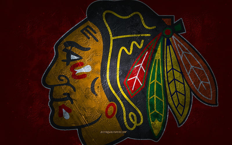 Chicago Blackhawks, American hockey team, red stone background, Chicago Blackhawks logo, grunge art, NHL, hockey, USA, Chicago Blackhawks emblem, HD wallpaper