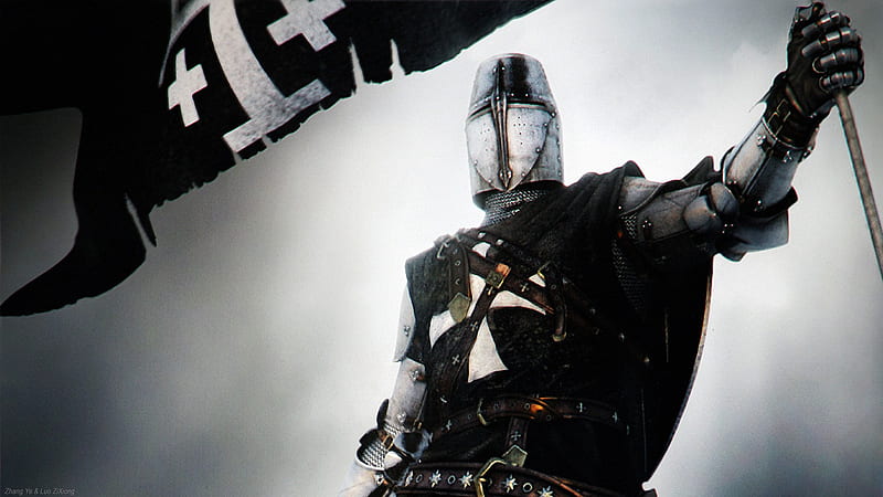 Knight Protector, templar, cross, flag, knight, armour, HD wallpaper