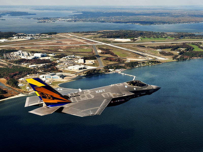 F35 Lightning II, ii, ocean, airport, lake, sea, runway, airplane, plane, water, lightning, lockheed, f-35, f35, jet, martin, HD wallpaper
