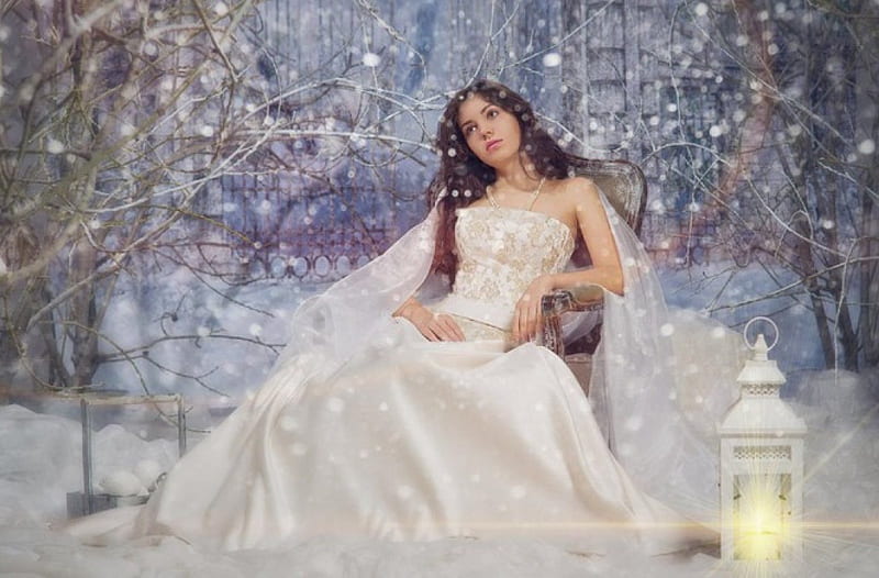 Winter Bride, lantern, bride, bonito, wedding, woman, winter, snowflake, graphy, girl, snow, beauty, white, HD wallpaper
