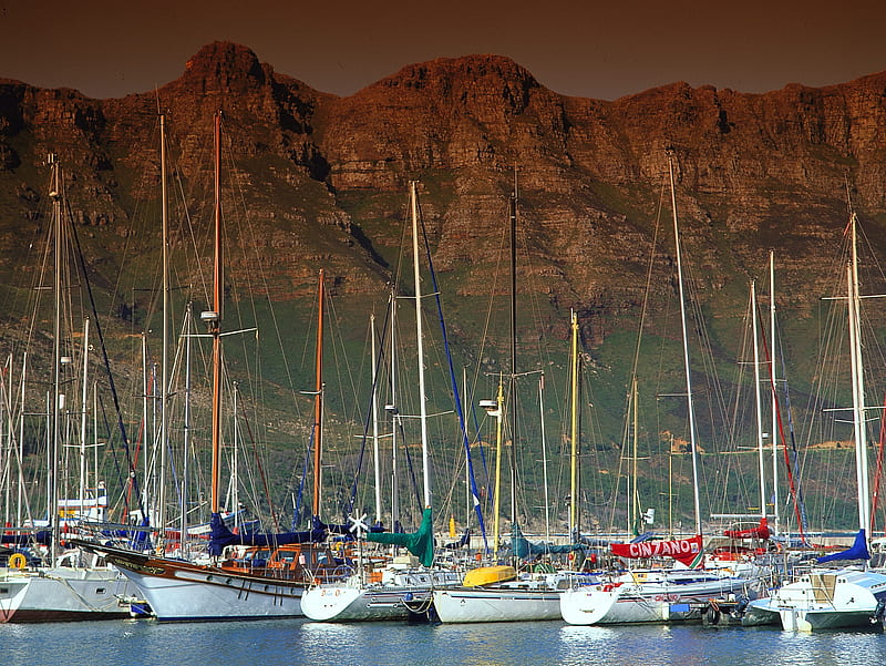 Hout Bay harbour, western cape, ocean, hout bay, south africa, sea, yachts, boats, harbour, mountains, HD wallpaper
