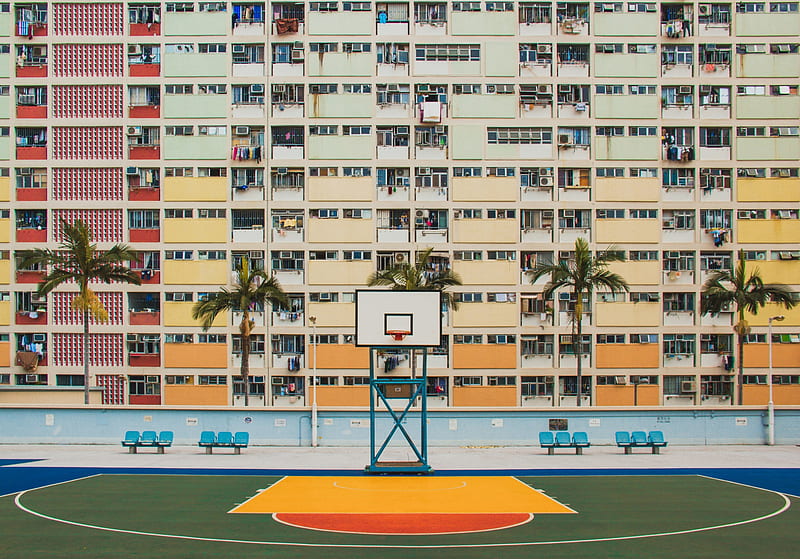 building with basketball court, HD wallpaper