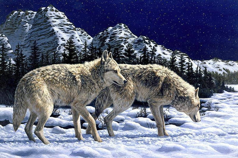 free download | Winter Walk, painting, snow, wolves, winter, mountains ...