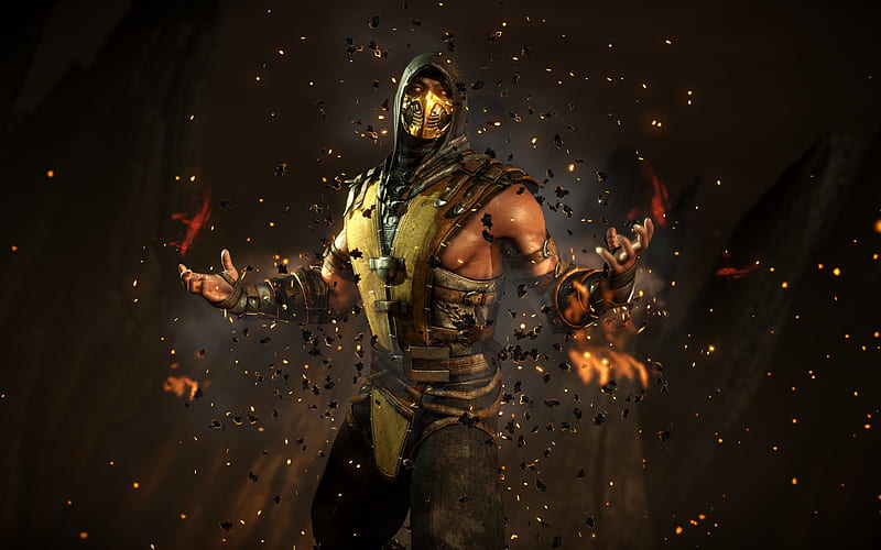 Scorpion ninja, Mortal Kombat, fire, fighting game, Mortal Kombat X, HD wallpaper