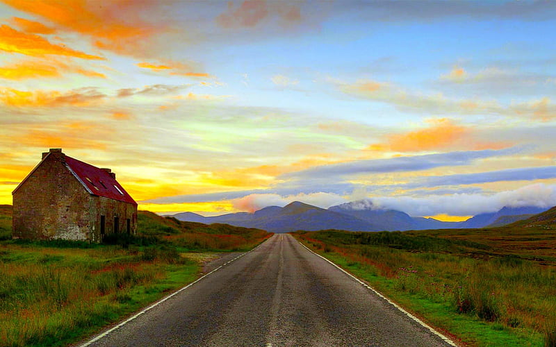 STRAIGHT ROAD, hills, dawn, construction, clouds, building, mountains, abandonment, scotland, road, HD wallpaper