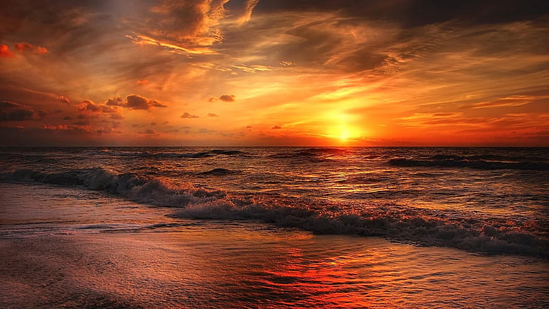 Beautiful Ocean Waves Under Orange Cloudy Sky During Sunrise Orange, HD wallpaper