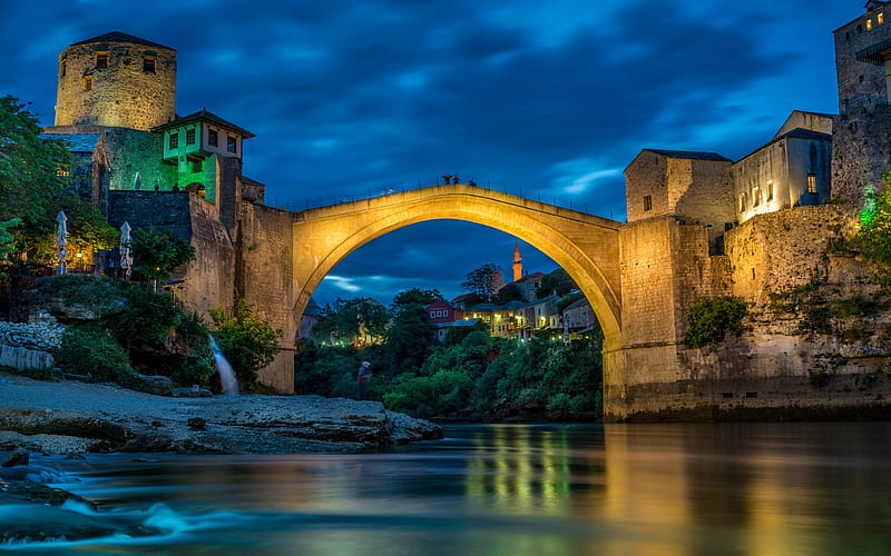 Mostar, Neretva River, evening, sunset, stone bridge, river, landmark, Bosnia and Herzegovina, HD wallpaper