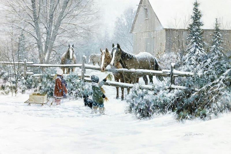 Amazing Winter by D.R.Laird, art, paintings, snow, nature, animals, horses, winter, HD wallpaper