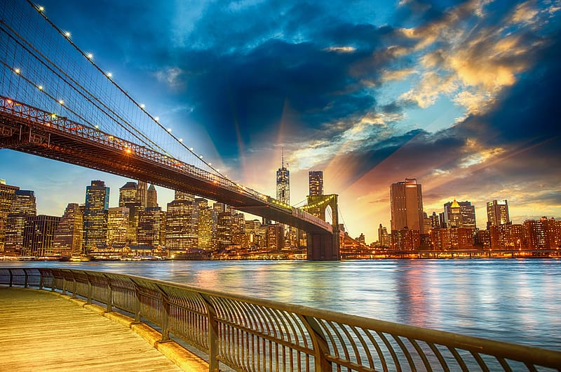 Bridges, City, Light, Dusk, Bridge, Cityscape, New York, Brooklyn Bridge, HD wallpaper