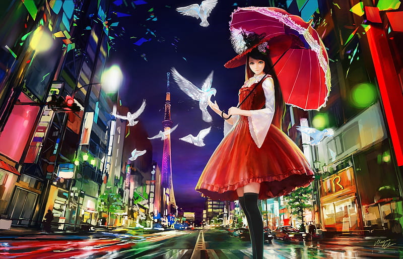 Night City, pretty, house, umbrella, sweet, nice, anime, beauty, anime girl, long hair, lovely, town, gown, building, pigeon, dove, landscape, maiden, scenic, dress, home, bonito, orgeous, elegant, city, scenery, light, gorgeous, night, female, girl, bird, lady, scene, HD wallpaper